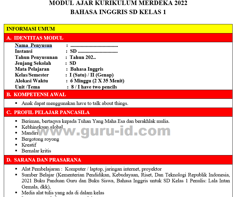 Modul ajar Kurikulum Merdeka Bahasa inggris kelas 1 sd semester 2 Bab 813